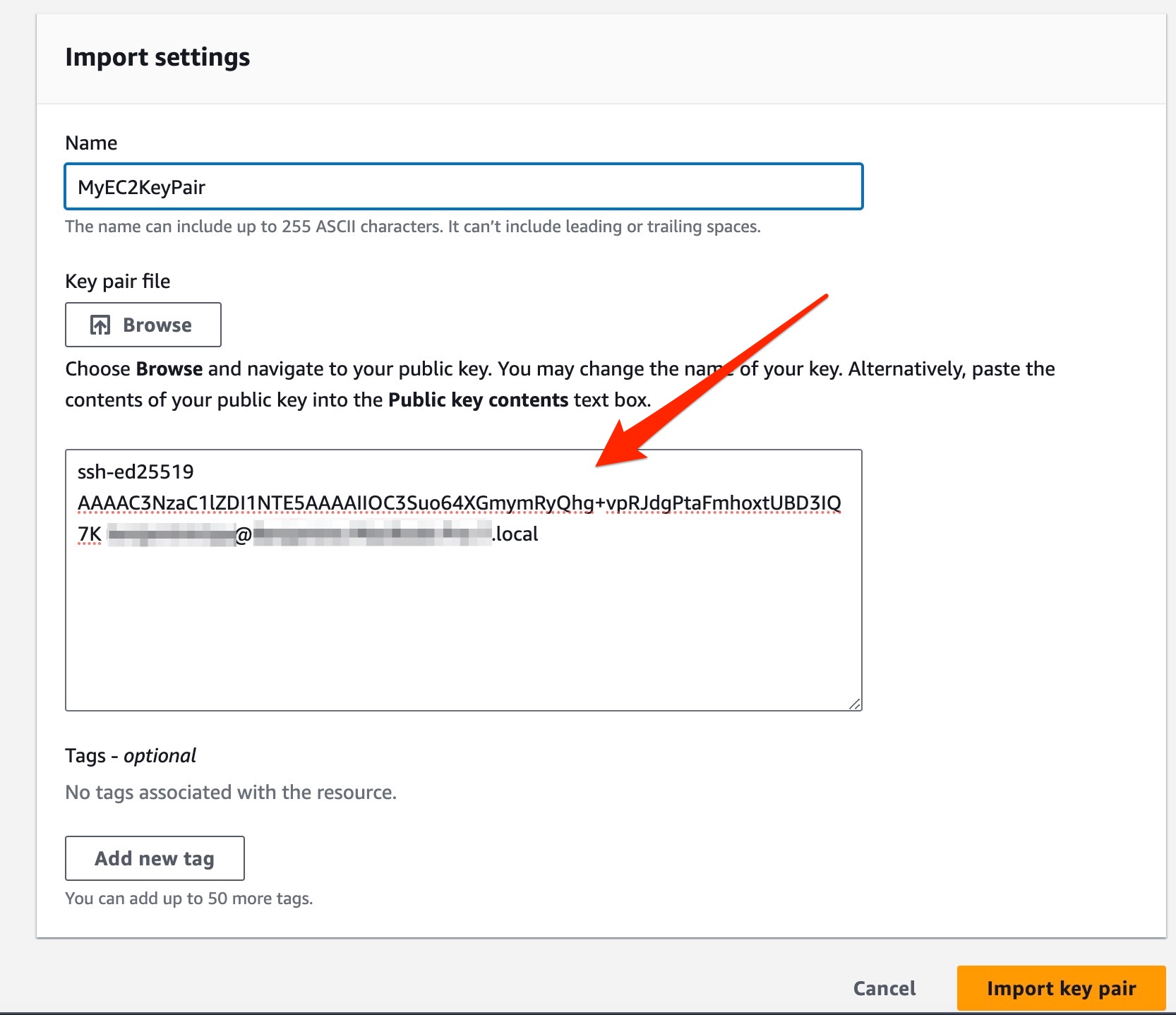 Screenshot of importing a key pair Screenshot showing how to import a key pair
