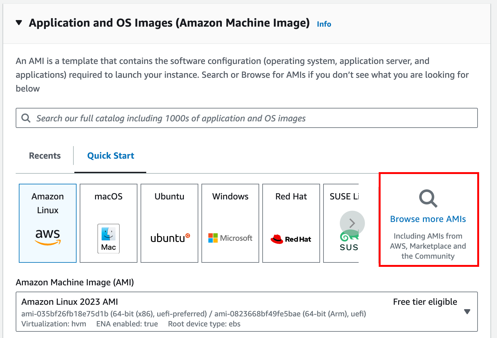 Screenshot indicating the Browse more AMIs button