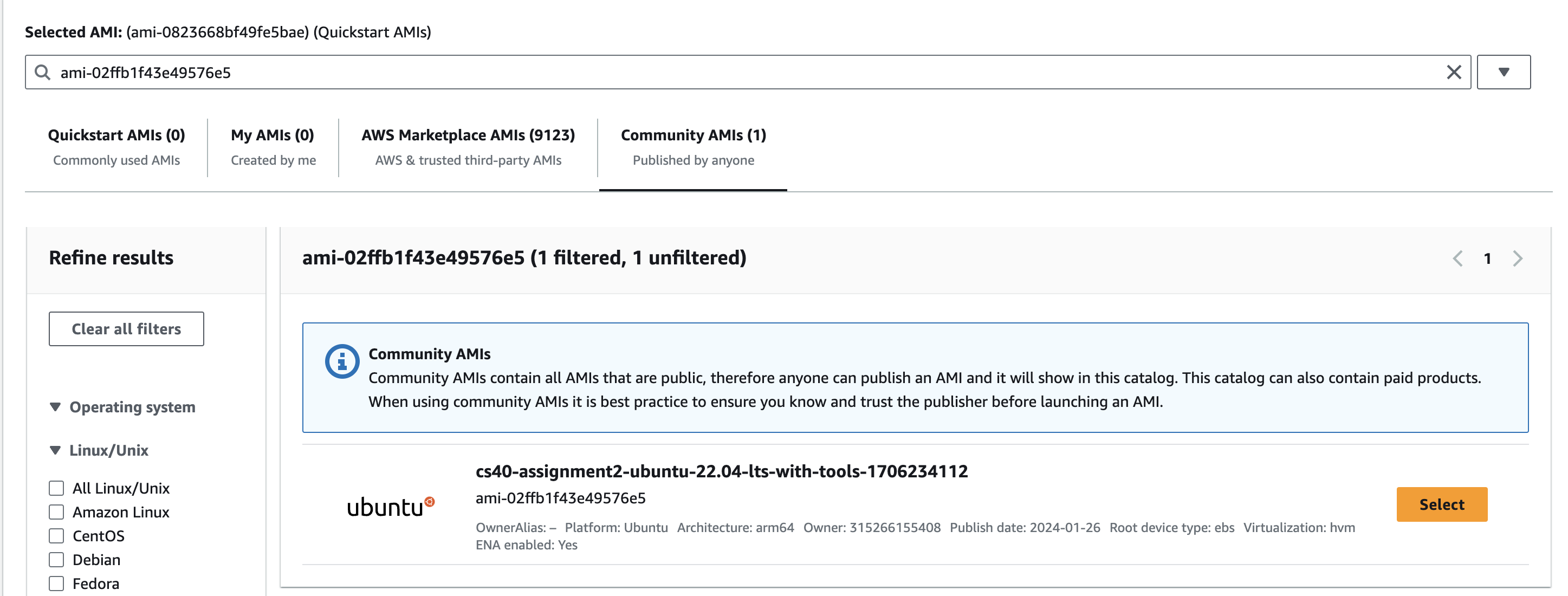 Screenshot indicating the Assignment 2 AMI