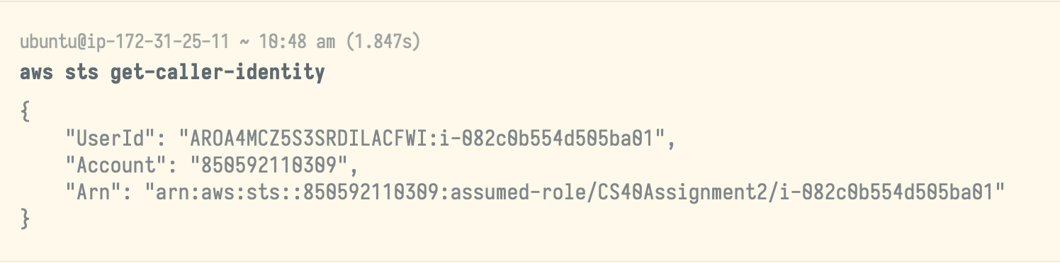 Running aws sts get-caller-identity on the EC2 instance